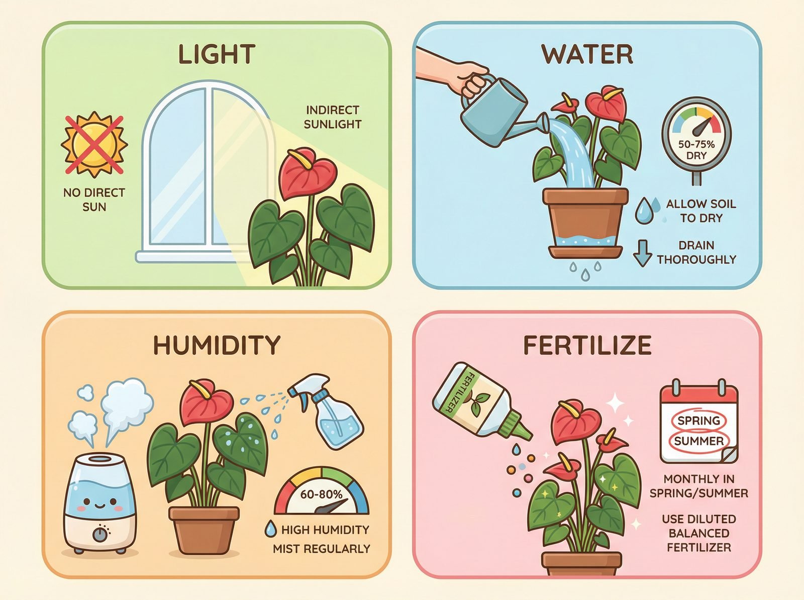 Anthurium care guide infographic showing light, water, humidity and fertilize requirements