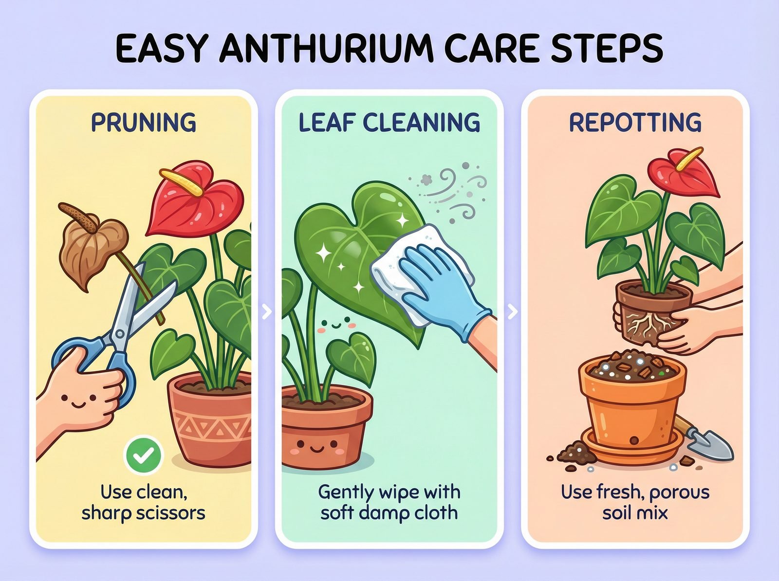 Anthurium maintenance steps showing pruning, leaf cleaning and repotting