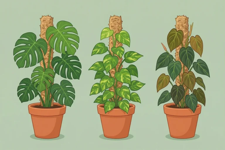 Cartoon illustration of three tropical plants climbing moss poles: Monstera, Pothos, and Philodendron