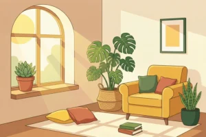Cozy living room with houseplants placed at different distances from a sunny window