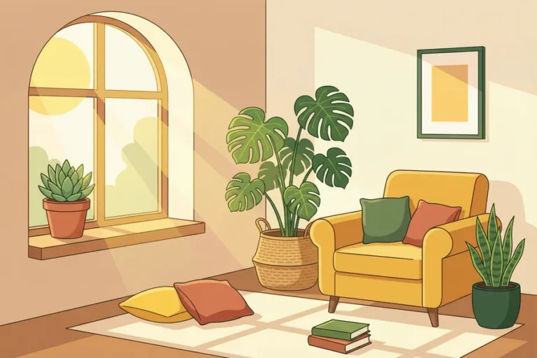 Cozy living room with houseplants placed at different distances from a sunny window