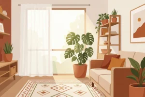 Living room with a sheer white curtain filtering bright sunlight onto a healthy Monstera plant