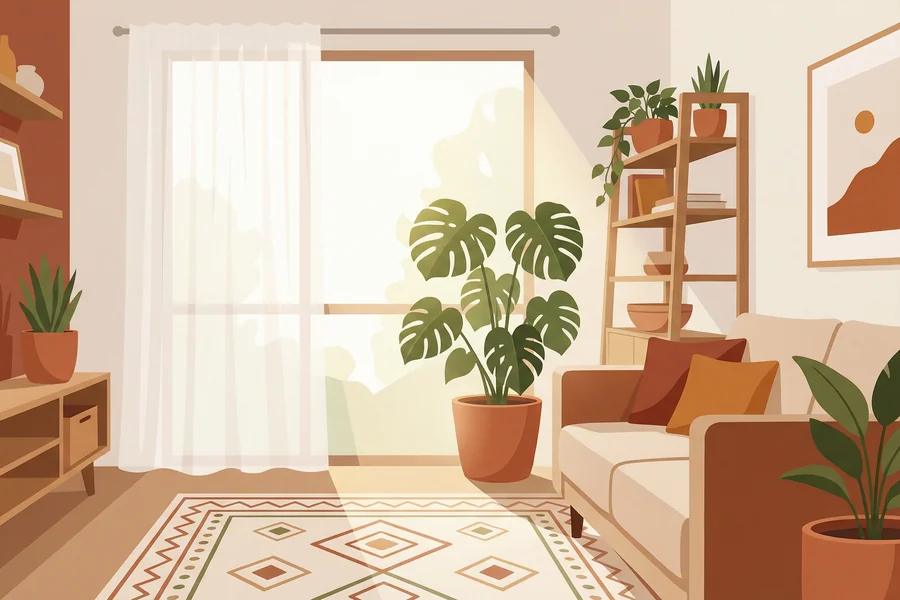 Living room with a sheer white curtain filtering bright sunlight onto a healthy Monstera plant