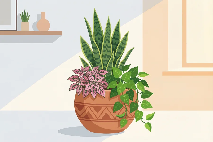 Illustration of a beautiful mixed indoor planter featuring a Snake Plant, pink polka dot plant, and trailing Pothos