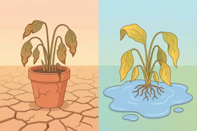 Illustration showing a dry crispy plant on the left and a yellowing drowning plant on the right