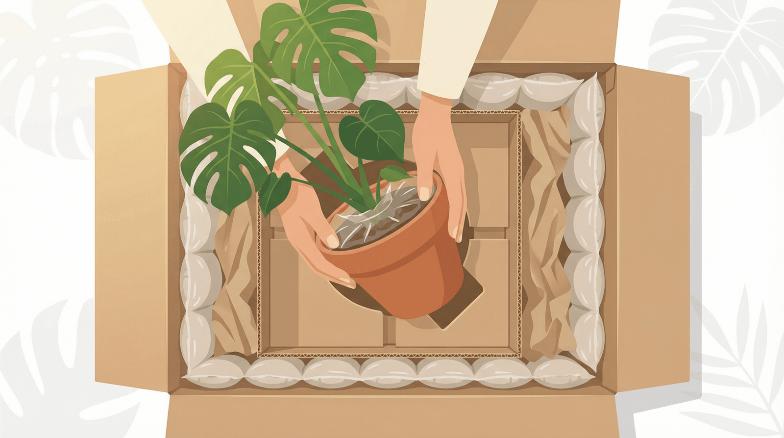 Live plant being carefully packed in a shipping box with protective packaging materials