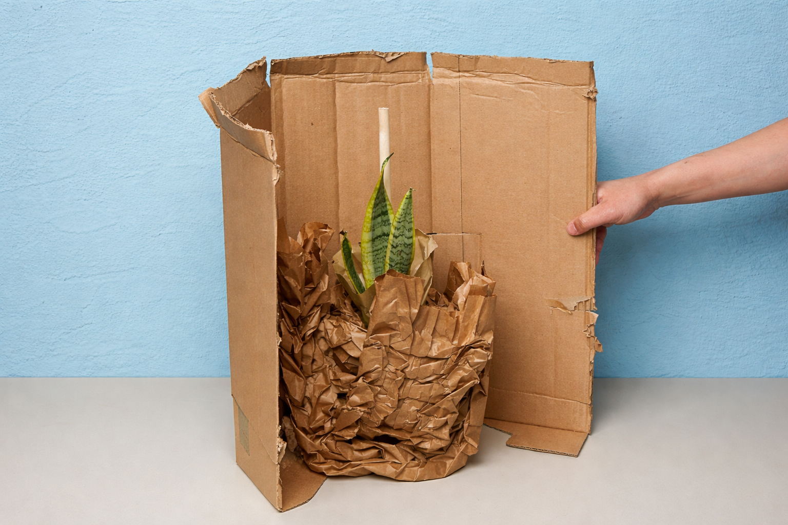 Snake plant wrapped in kraft paper cushioning inside a cardboard shipping box