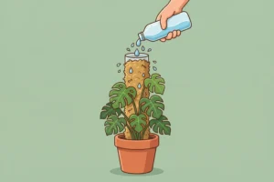 Cartoon illustration of watering a moss pole with an inverted water bottle