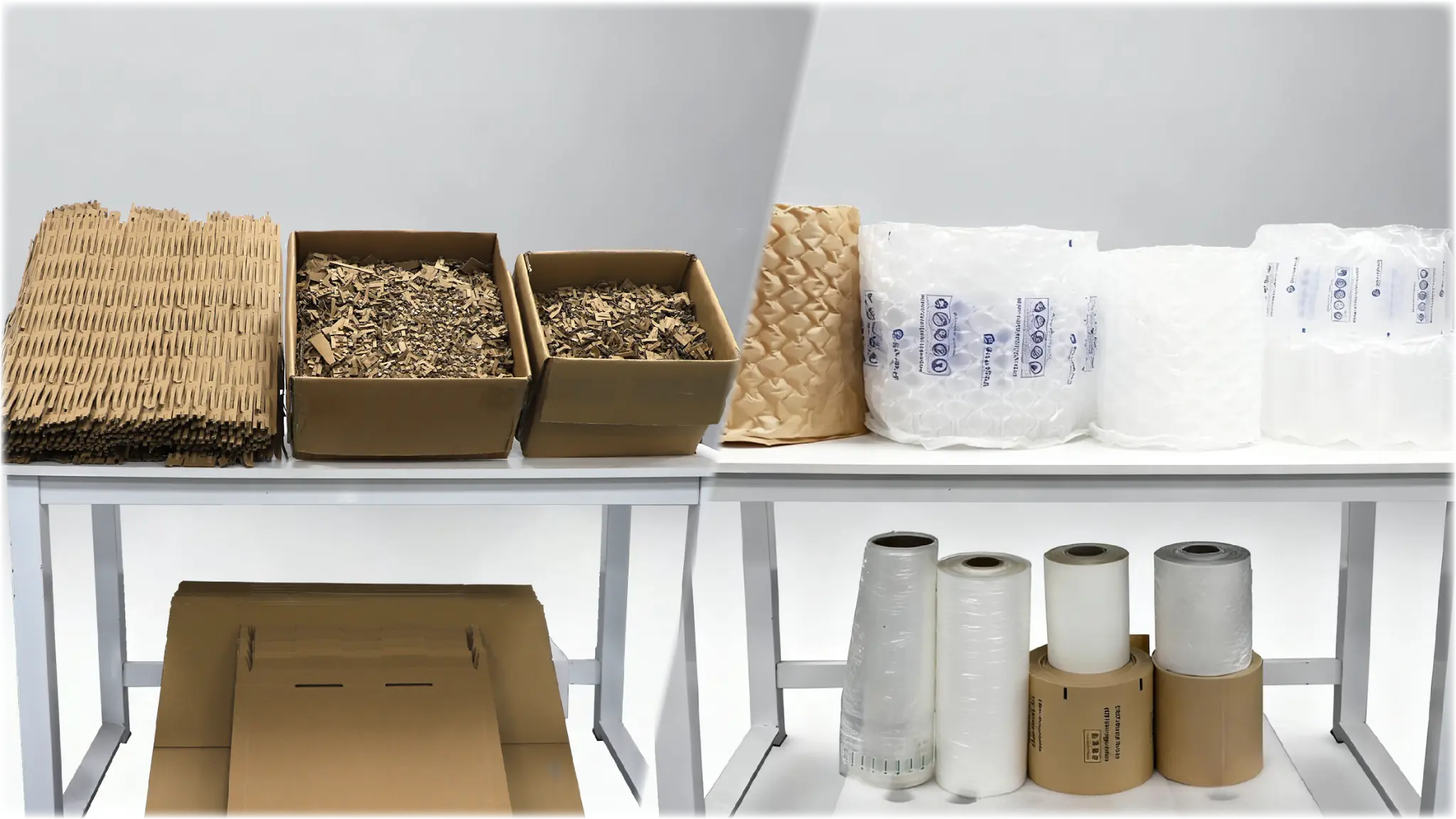 Various protective packaging materials including cardboard shred, kraft paper cushion, and air cushion rolls